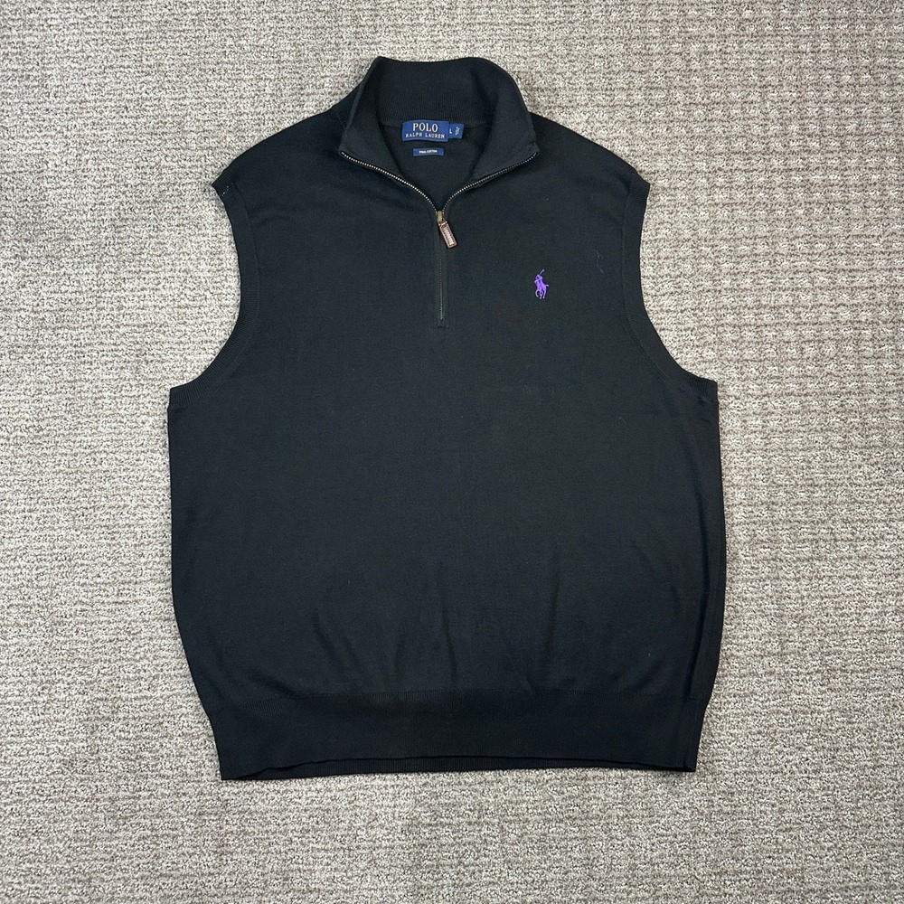 Polo Ralph Lauren Mens Large Black Pima Cotton Quarter Zip Sweater Vest Purple